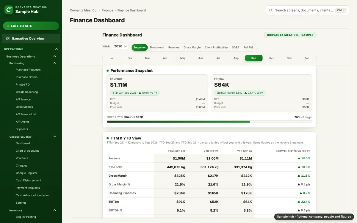 Finance dashboard with revenue, EBITDA and year-to-date view