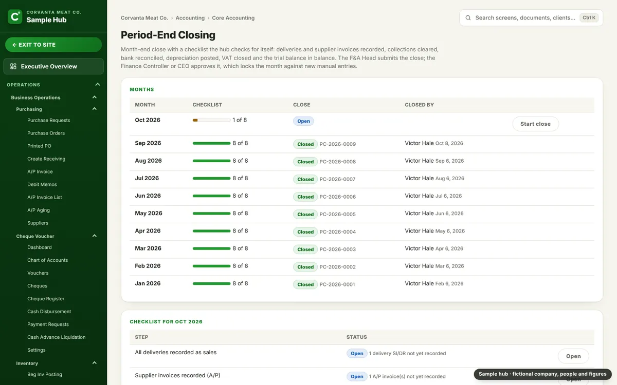 Month-end close checklist with closed months and approver